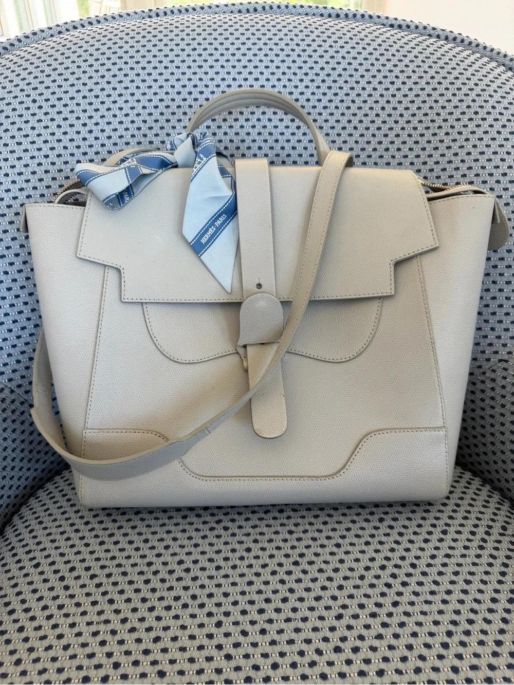 Senreve Pebbled Leather Tote in Light Gray with Blue Scarf